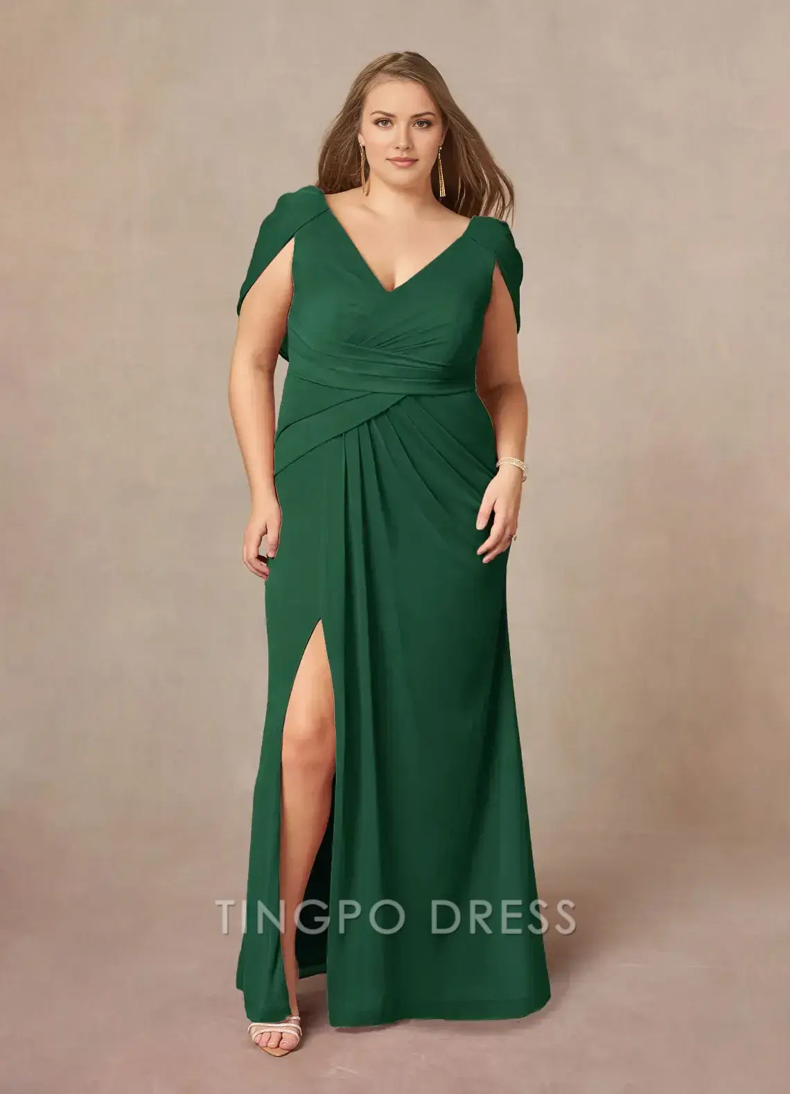 TingPo Wholesale Elegant Plus - Size V - Neck Chiffon Evening Gown with Draped Sleeves, Wrap - Style Bodice, and Side Slit: Ideal for Formal Affairs